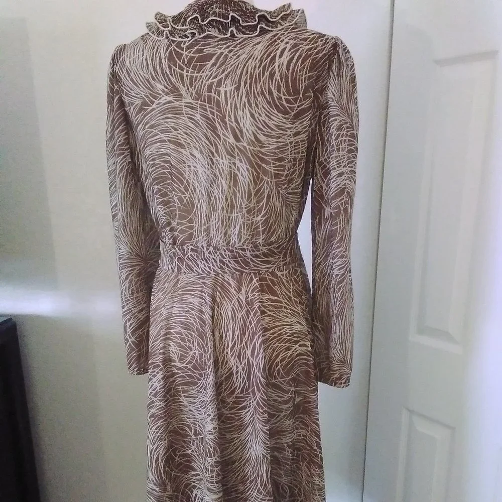 Studio 36 Dress Vintage 80's Brown & Cream Long Sleeve Size L Deep V-Neck - Picture 7 of 8